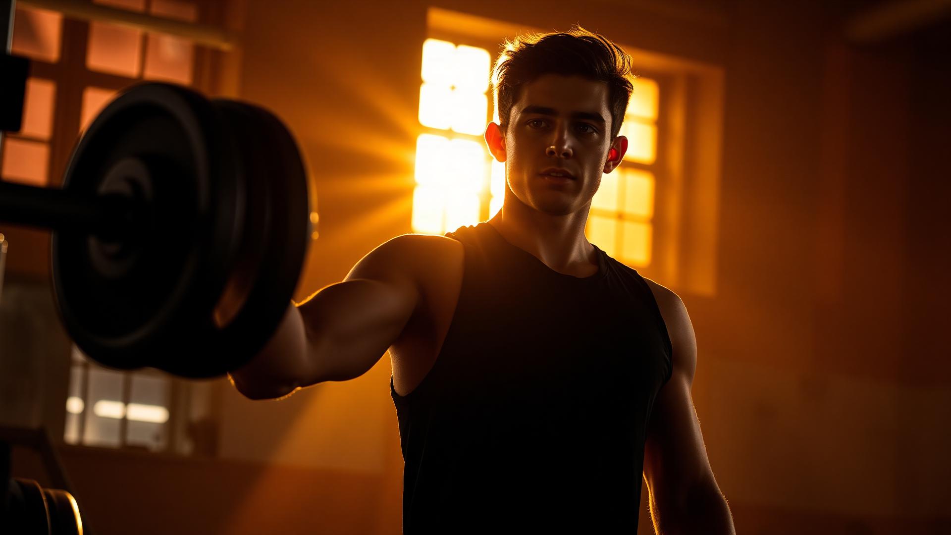 Athlete training with weights at golden hour