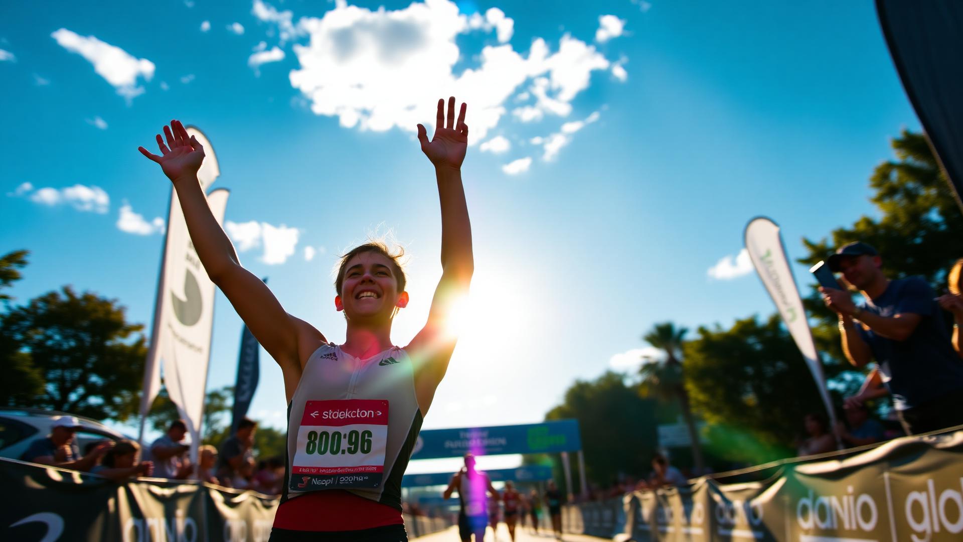 Athlete celebrating at a triathlon finish line