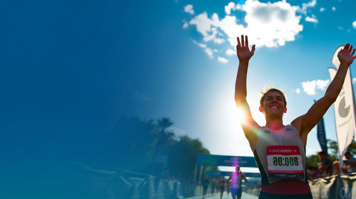 Athlete celebrating at a triathlon finish line
